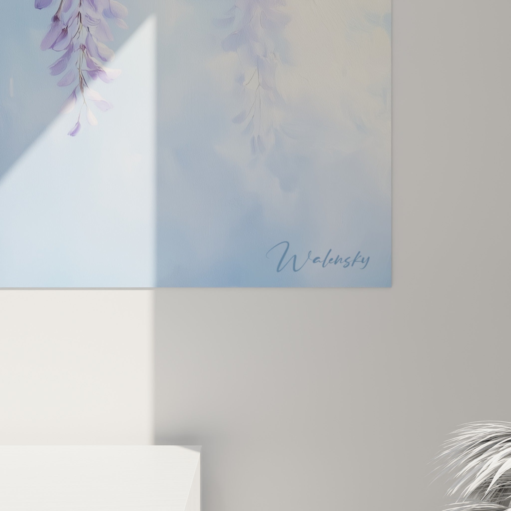 Pétales mauves et bleu ciel de la glycine révélant la texture picturale et les touches fondues du tableau