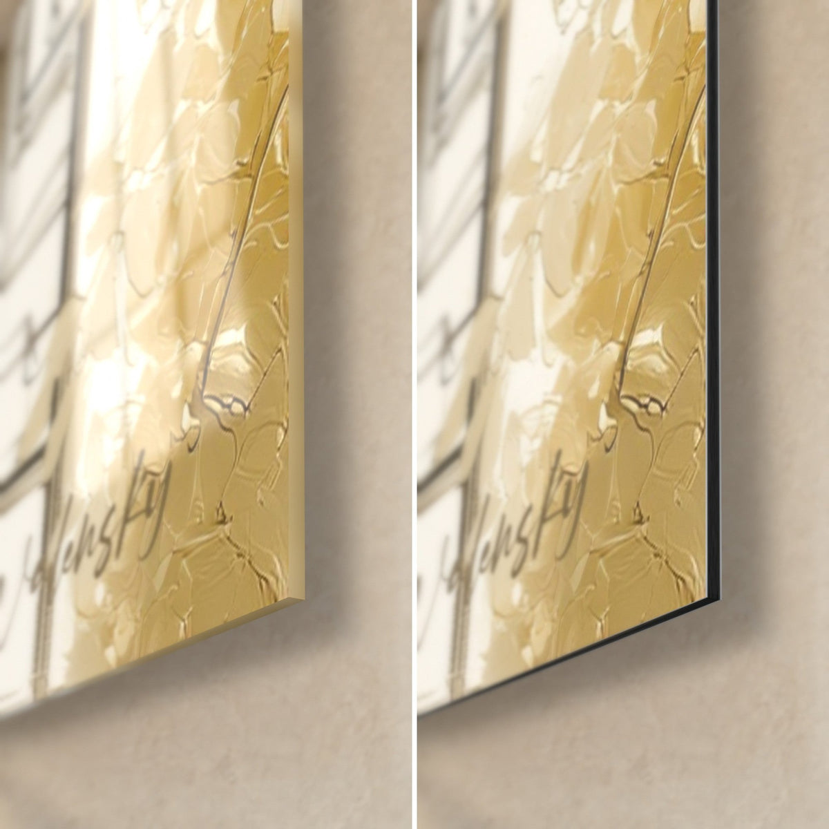 Wall art wisteria clusters in lilac and gold, bottom right corner: glossy acrylic glass on the left, matte Dibond aluminium on the right