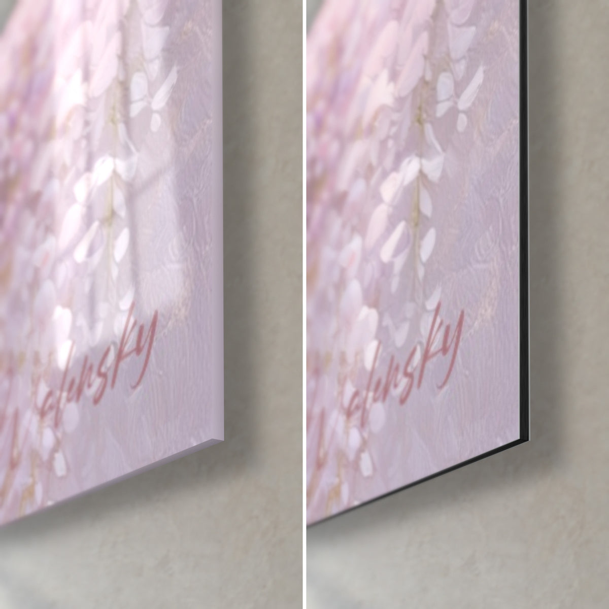 Quadro glicine con petali rosa pallido e malva, angolo in basso a destra: vetro acrilico lucido a sinistra, Dibond opaco a destra, bordo 3 mm