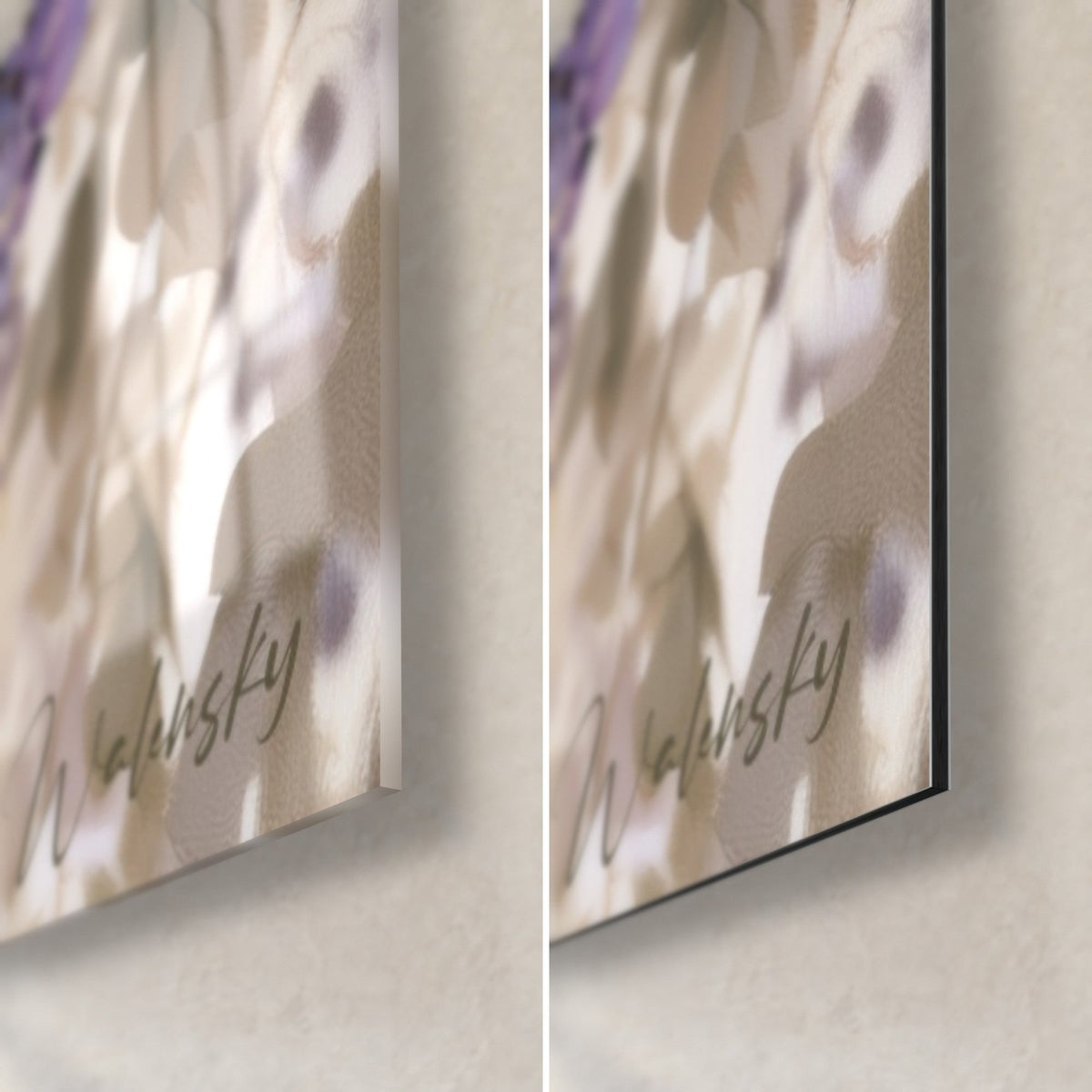 Quadro glicine malva e avorio, angolo in basso a destra: vetro lucido con riflessi a sinistra, alluminio Dibond opaco a destra, bordo nero da 3 mm