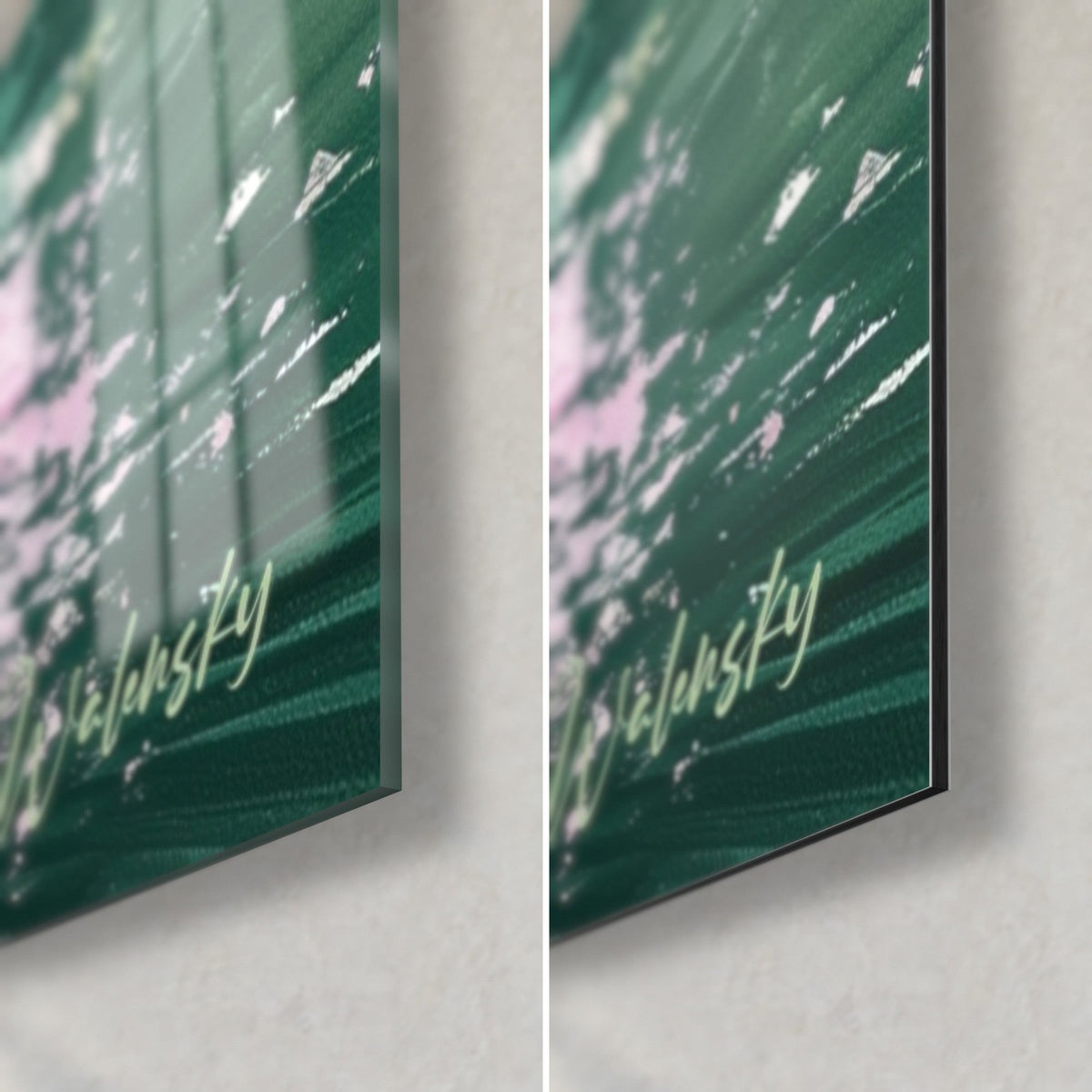 Wall art painted arched bridge, bottom right corner: glossy acrylic glass on the left, matte brushed Dibond aluminum on the right, 3 mm edge, deep green