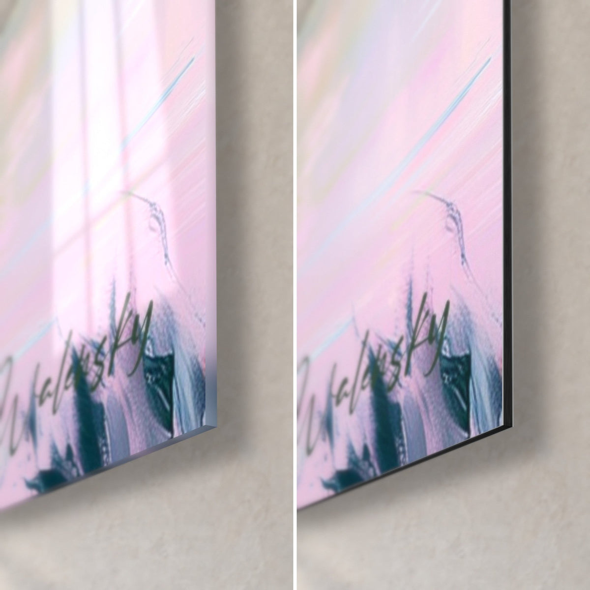 Cuadro racimos de glicina rosa y violeta, esquina inferior derecha: cristal brillante a la izquierda, aluminio Dibond negro mate a la derecha