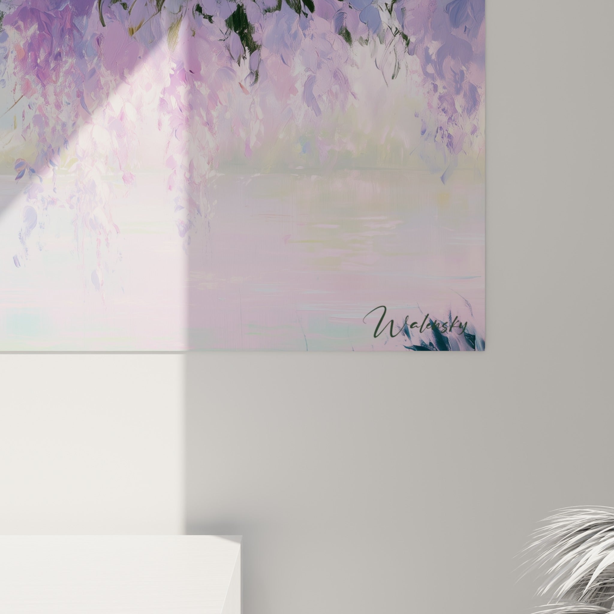 Empâtements mauve et turquoise sur la toile, grain visible des pétales de glycine peints