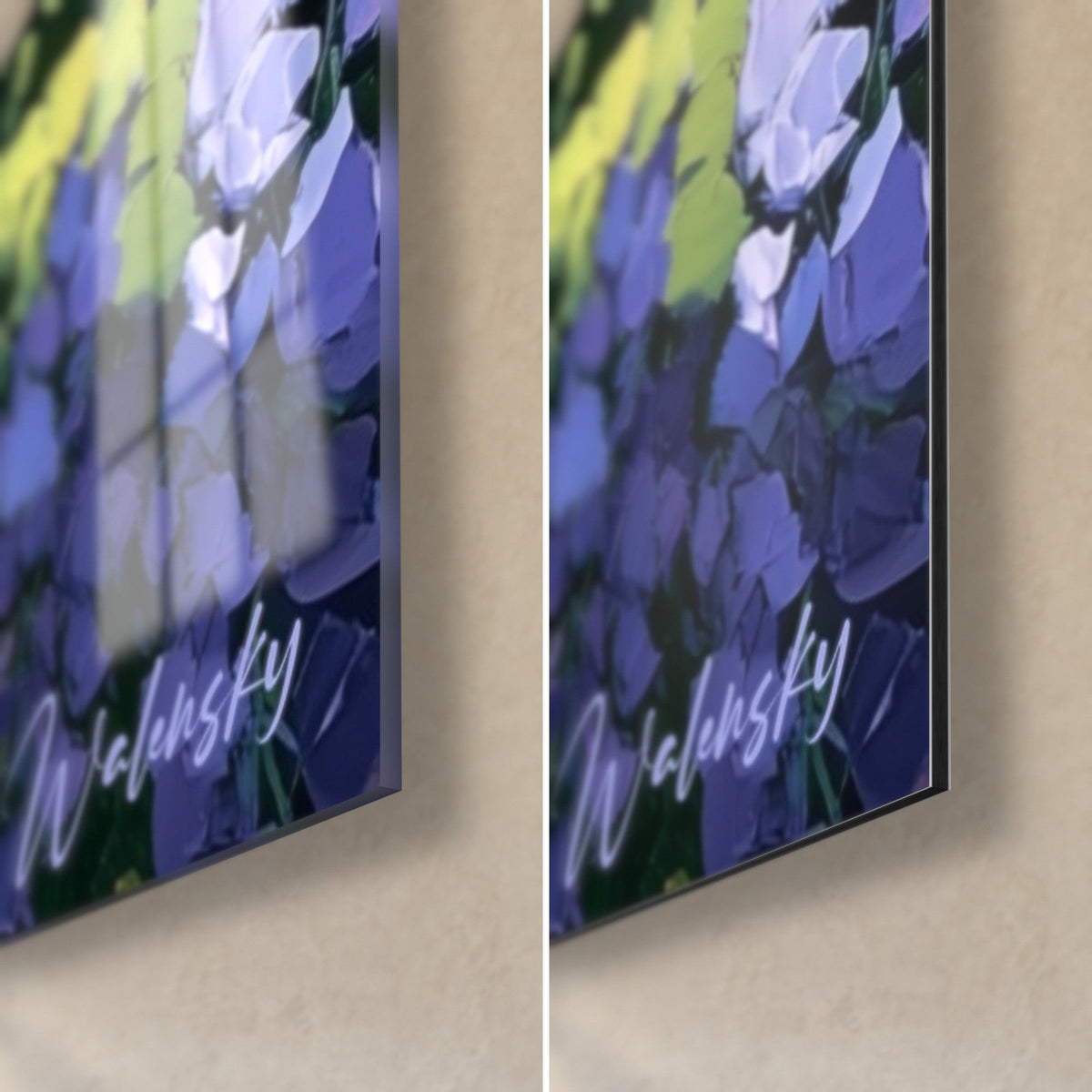 Quadro glicine con petali viola a impasto spesso, angolo in basso a destra: vetro acrilico lucido a sinistra, Dibond opaco a destra, spessore 3 mm