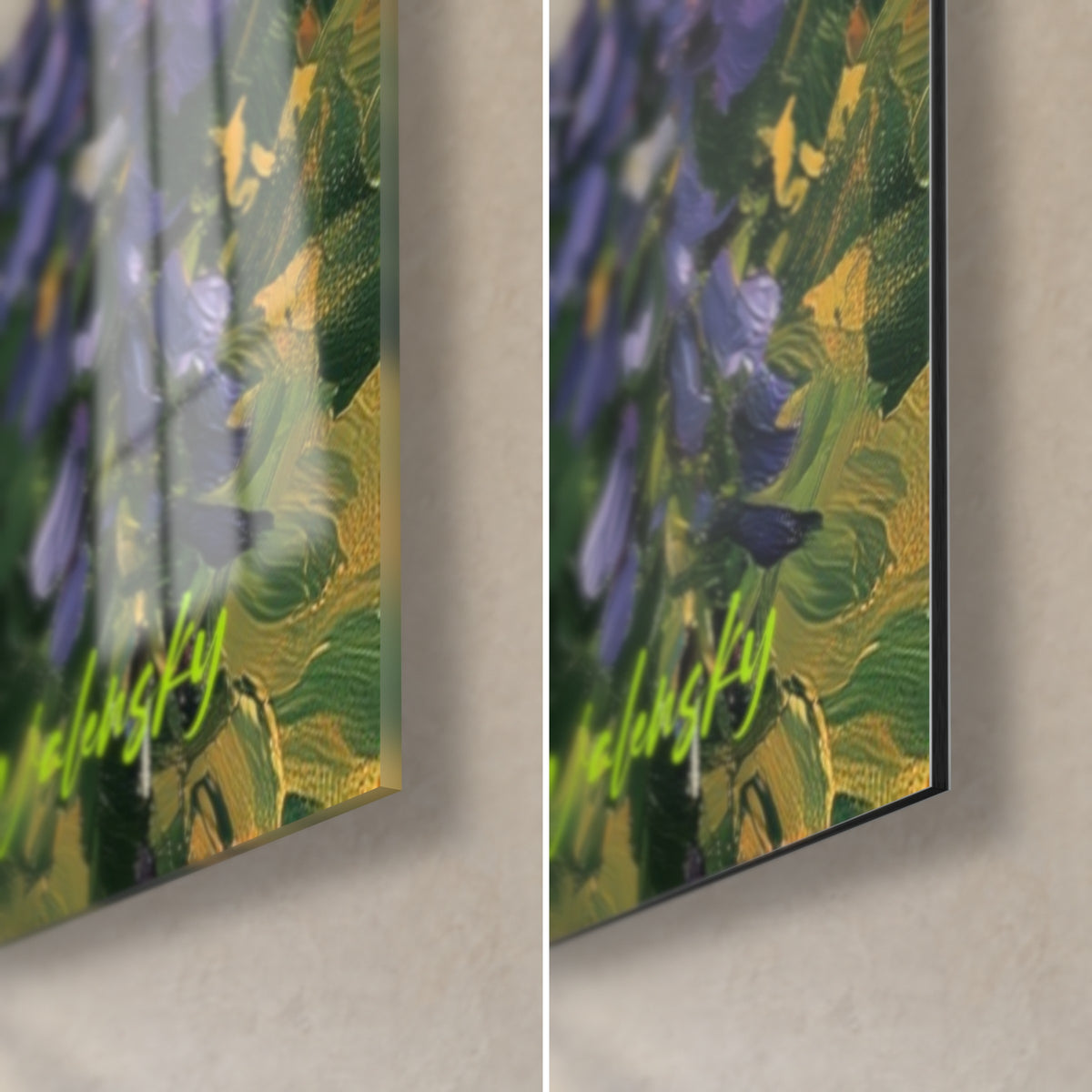 Schilderij bloeiende pergola met lavendelkleurige trossen en diep groen, glanzende glashoek linksonder en mat Dibond rechts, rand van 3 mm