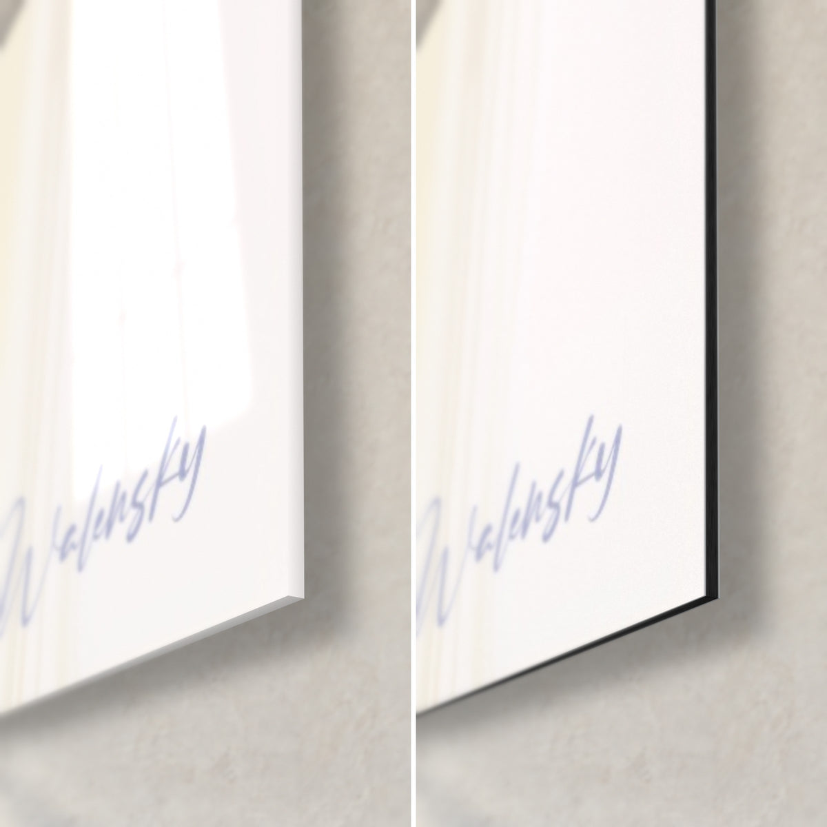 Schilderij met melkachtig ivoorkleurige en lavendelkleurige bloemblaadjes, Walensky-signatuur, glanzende glasrand en mat Dibond-aluminium van 3 mm