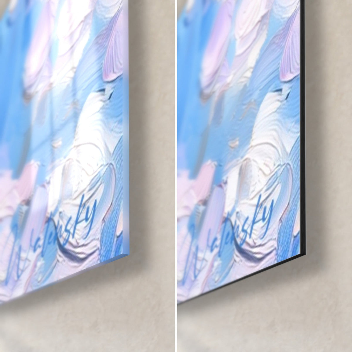 Gemälde Wasserkaskade in Blau und Flieder, unten rechts: glänzendes Glas links, mattes schwarzes Dibond rechts