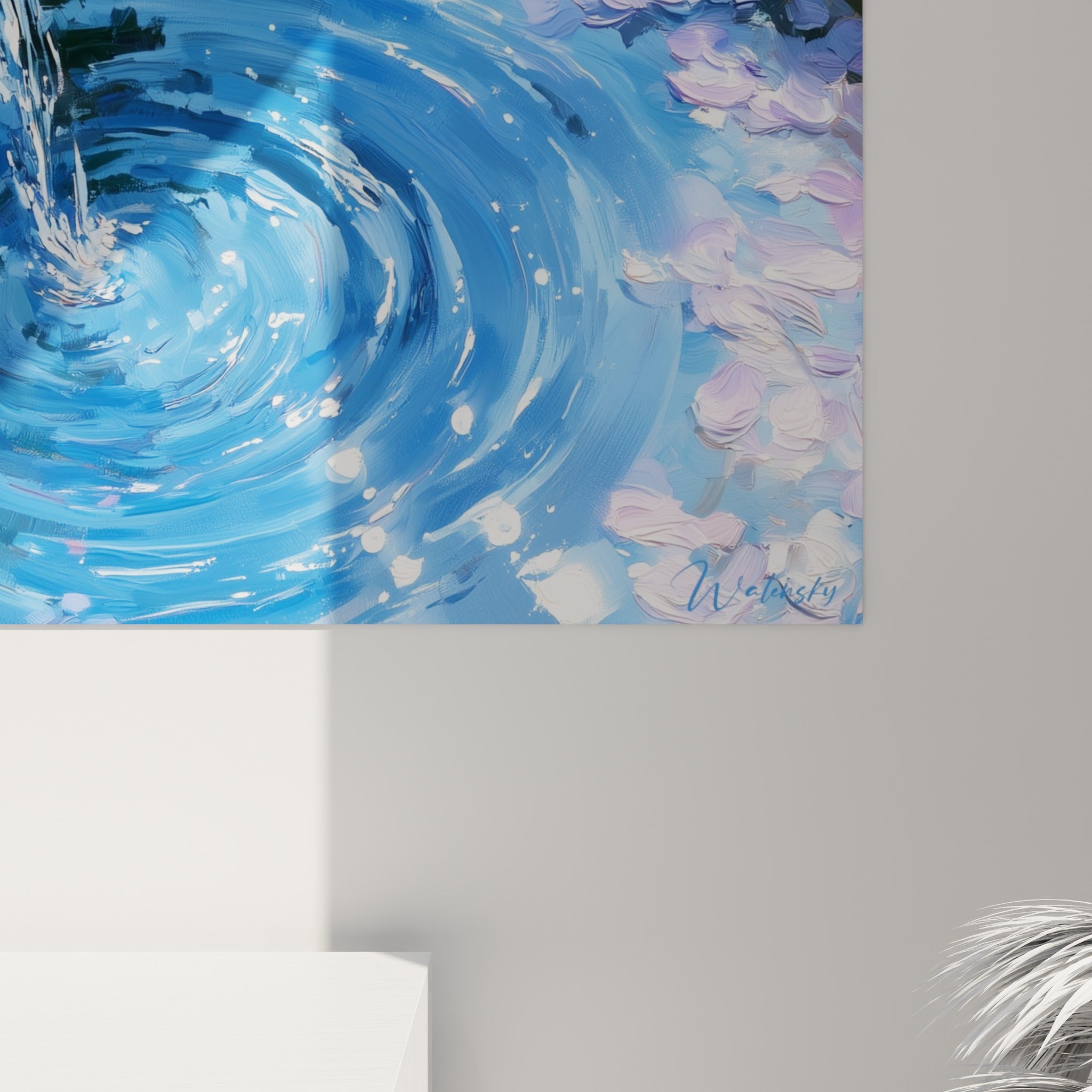 Empâtements bleu marine et blanc du tourbillon d'eau, touches mauve et rose des pétales de glycine