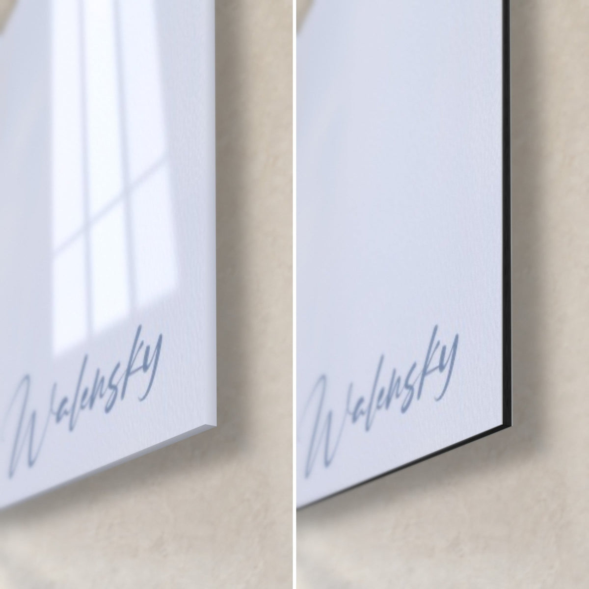 Wall art with mauve and white wisteria, bottom right corner: Walensky signature in periwinkle blue, glossy glass on the left, matte black Dibond on the right