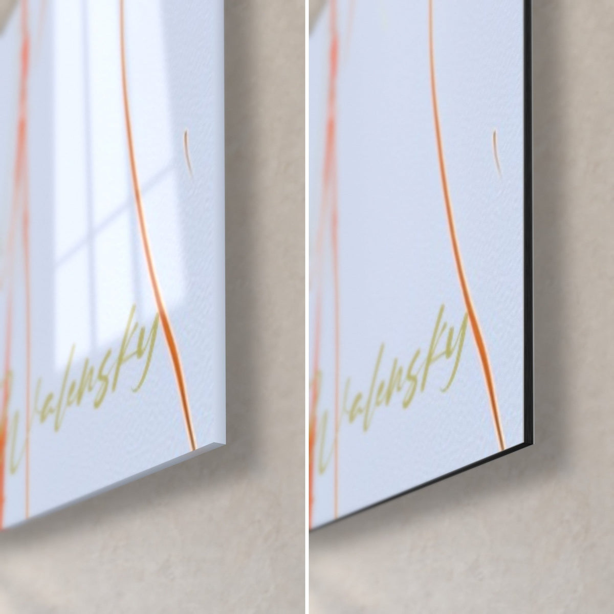 Quadro con grappoli malva e fili arancio su vetro lucido e alluminio Dibond opaco, angolo in basso a destra, spessore 3 mm