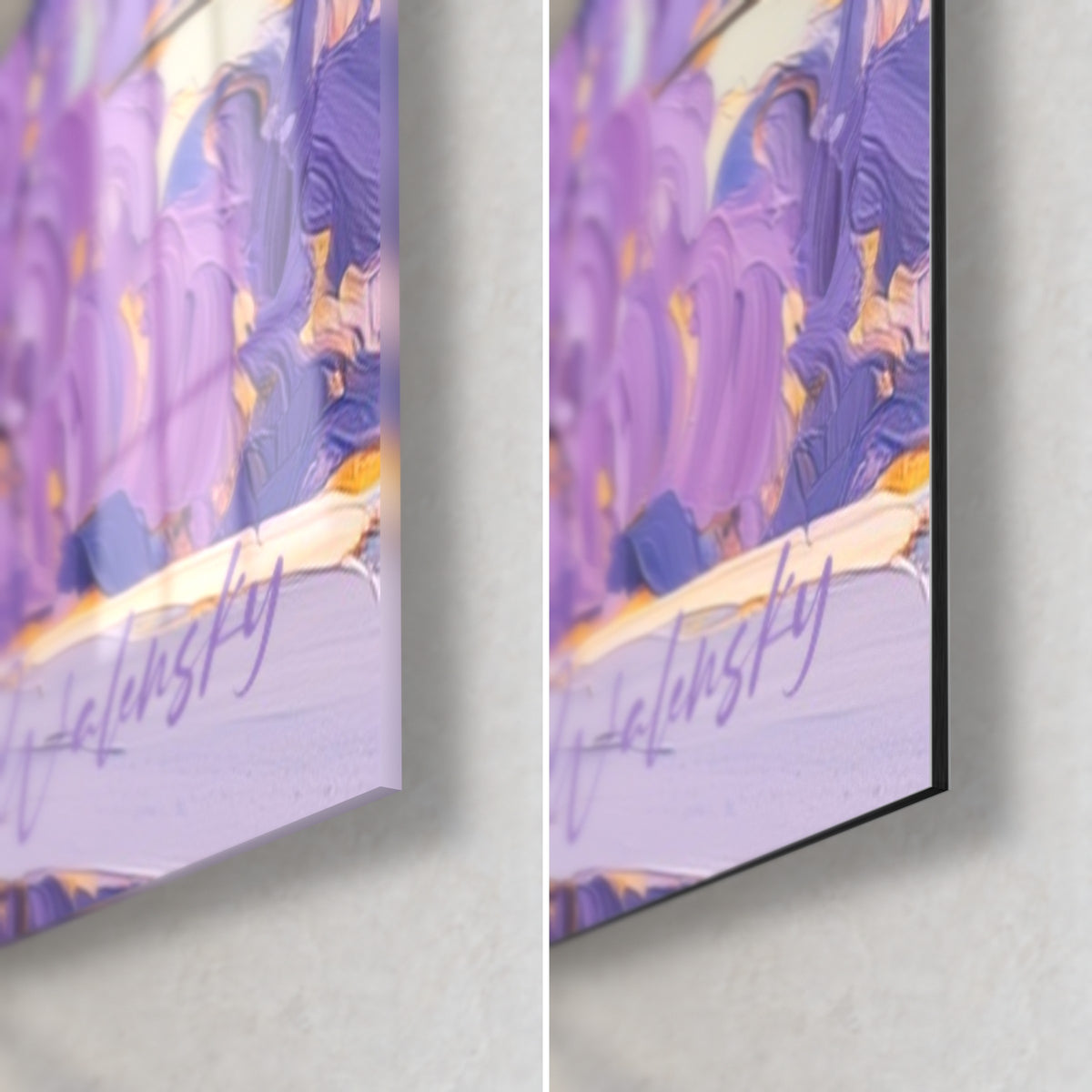 Wall art violet flowering tree, bottom right corner: lilac and yellow impasto strokes, Walensky signature, glossy glass and matte Dibond