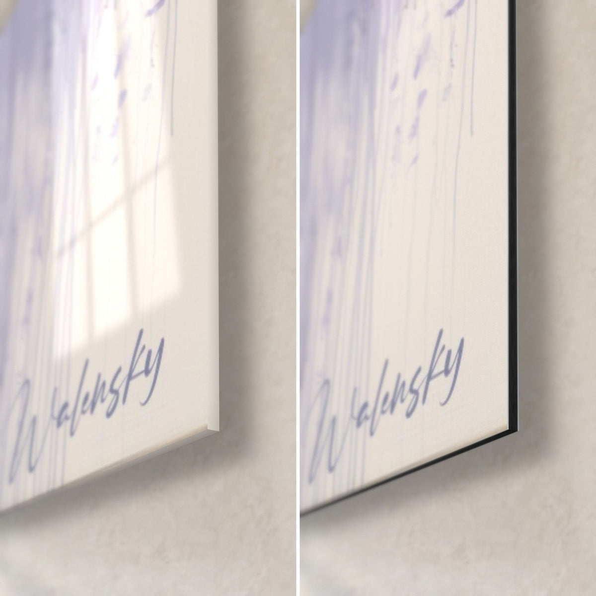 Gemälde Blauregen in Malve, untere rechte Ecke mit Signatur Walensky in Lavendelblau, glänzendes Acrylglas und mattes Alu-Dibond, 3 mm Stärke