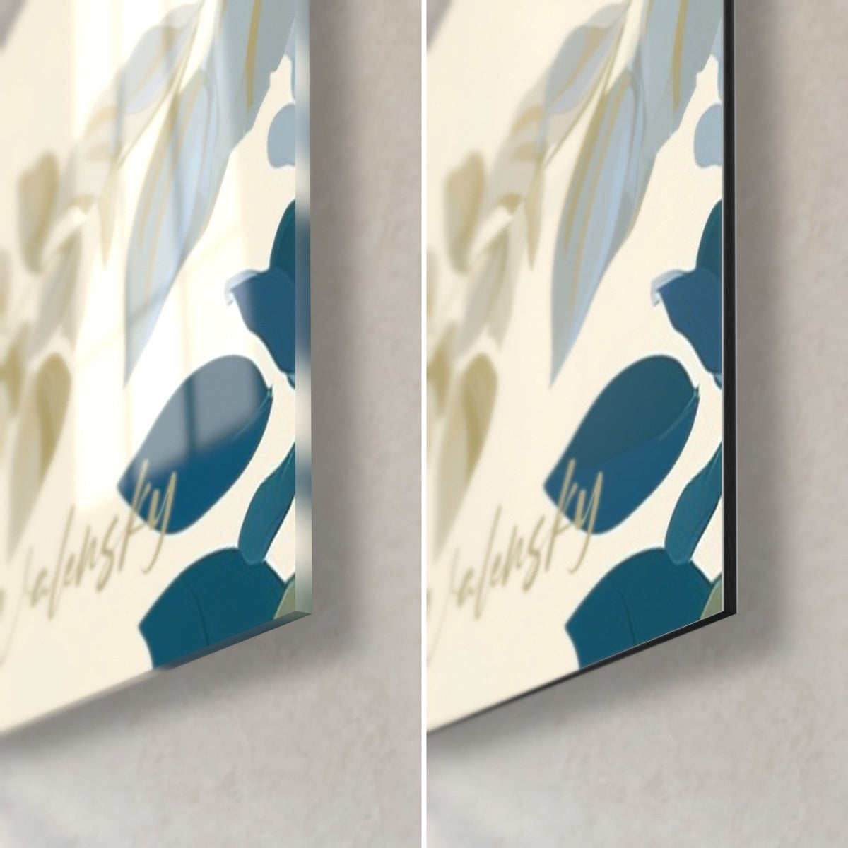 Schilderij blauwe regen met eendenblauwe bladeren op ivoren achtergrond, rechter onderhoek: glanzend glas links, mat Dibond rechts, rand van 3 mm