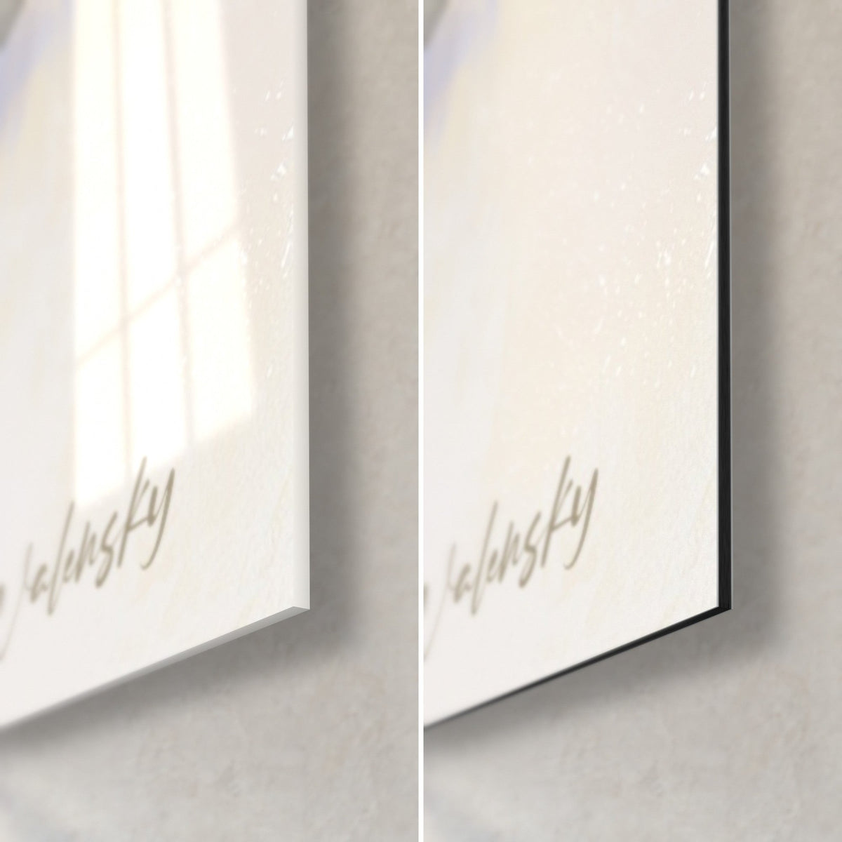 Wall art wisteria clusters in lavender blue and beige, bottom right corner: glossy acrylic glass on the left, matte black Dibond on the right, 3 mm edge