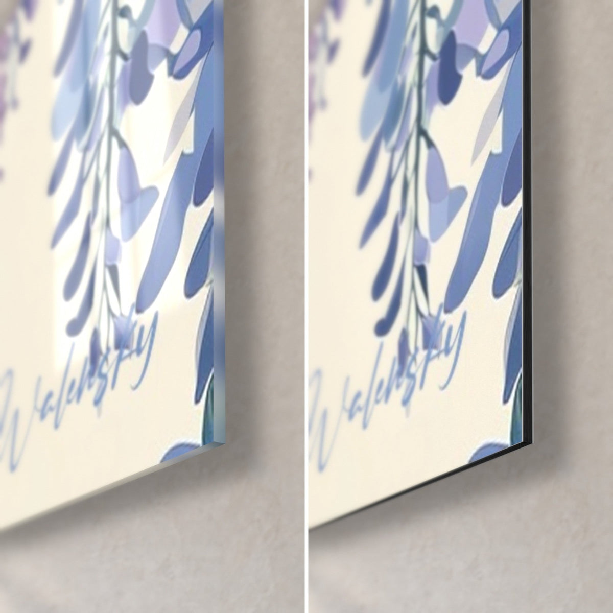 Schilderij blauweregentrossen in periwinkelblauw, rechterbenedenhoek: glanzend acrylglas links, mat zwart Dibond-aluminium rechts, 3 mm rand