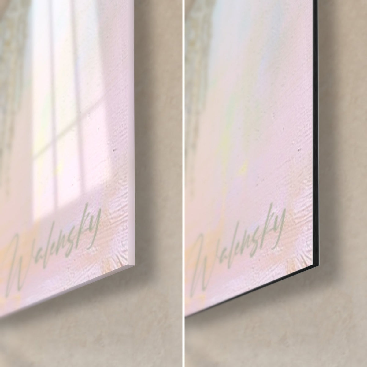 Schilderij bloeiende boom met crème trossen, rechtsonder: glanzend acrylglas met weerspiegelingen links, mat zwart Walensky Dibond aluminium