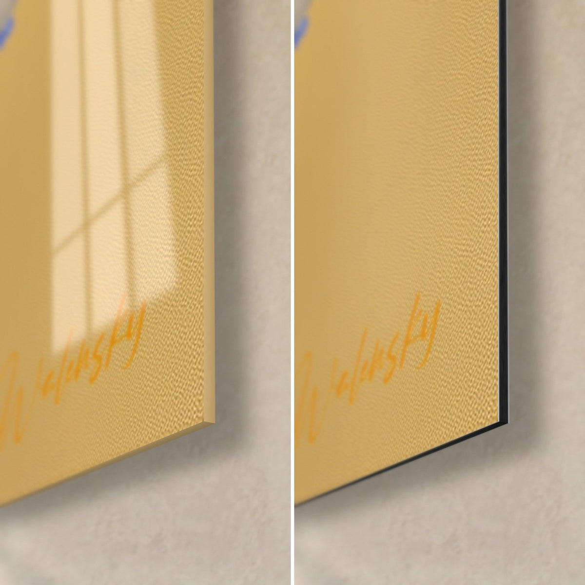 Wall art with cascading wisteria, bottom right corner: glossy reflective acrylic glass and matt black Dibond aluminium, gold signature