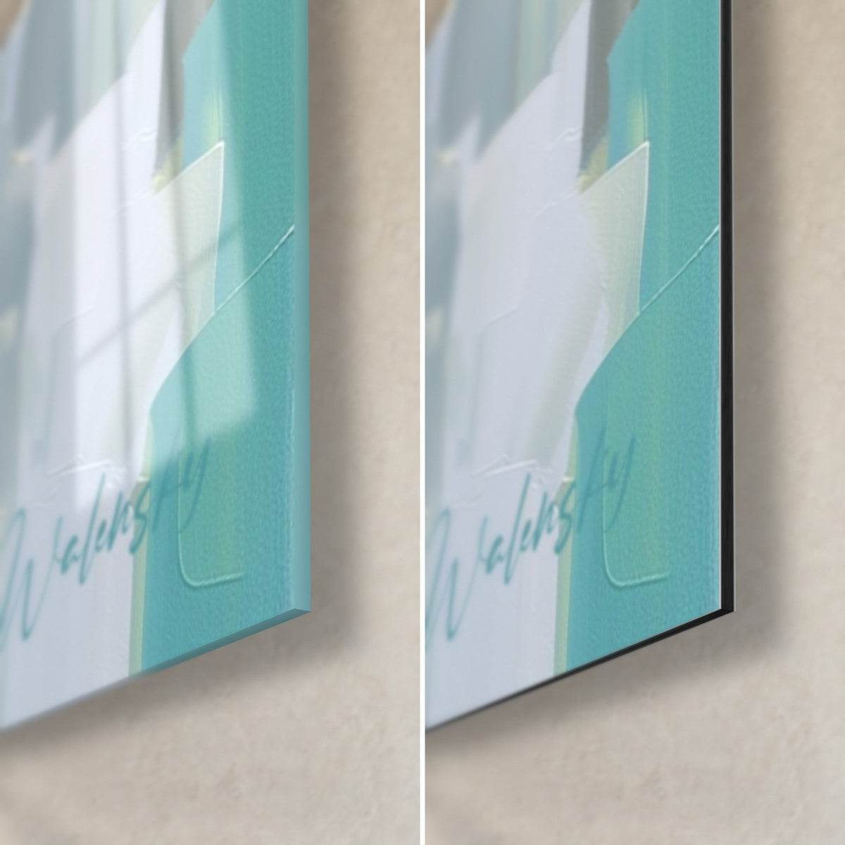 Wall art palette-knife wisteria, bottom right corner: glossy glass with reflections and matte turquoise Dibond, 3 mm edge, Walensky signature