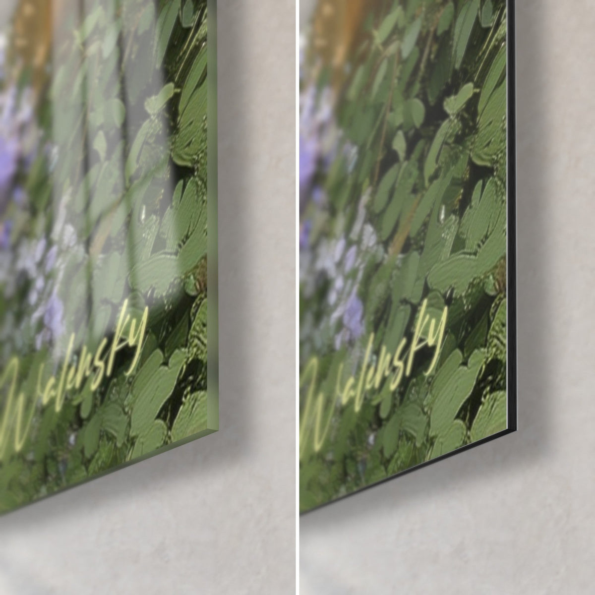 Gemälde geheimer blühender Durchgang, grünes Laub und lila Blüten, goldene Signatur, glänzendes Glas links, mattes Dibond rechts