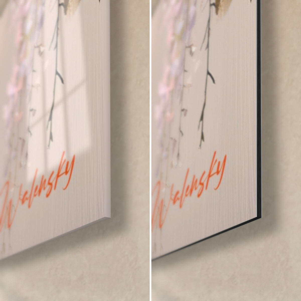 Wall art wisteria clusters in mauve, bottom right corner: glossy glass on the left, matte Dibond aluminium on the right, 3 mm black edge