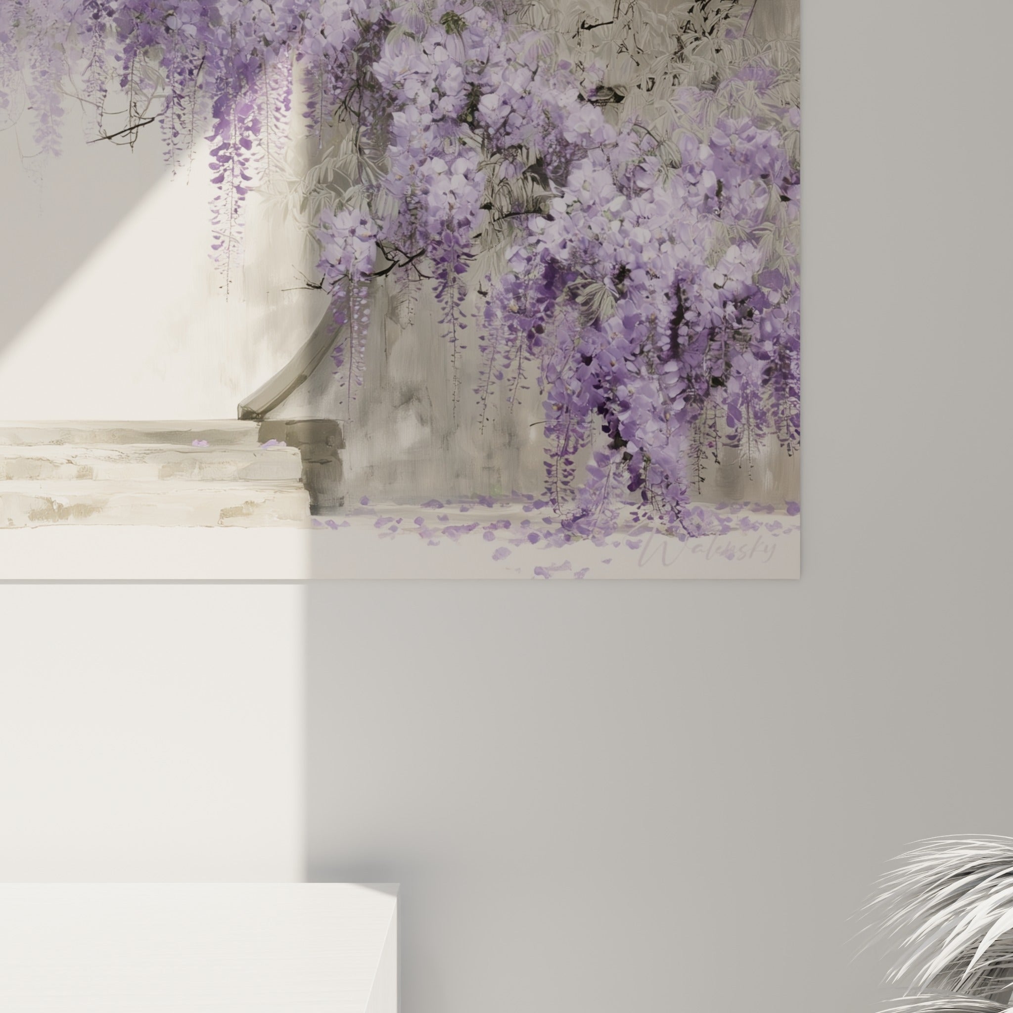 Grain pictural visible sur les pétales mauves et branches anthracite de la glycine peinte