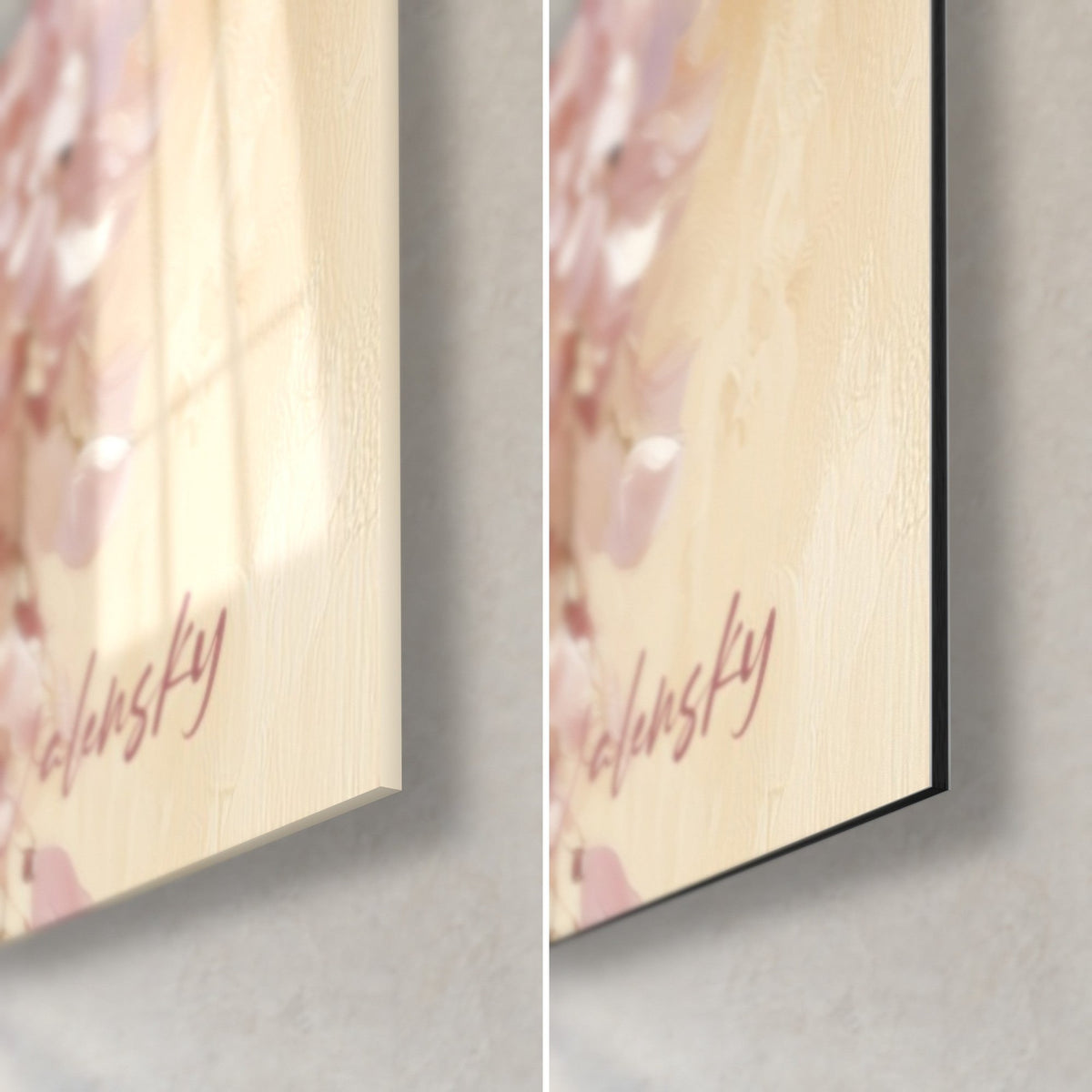 Quadro fiori di glicine rosa pallido, angolo in basso a destra: vetro acrilico lucido a sinistra, alluminio Dibond opaco a destra, bordo nero da 3 mm
