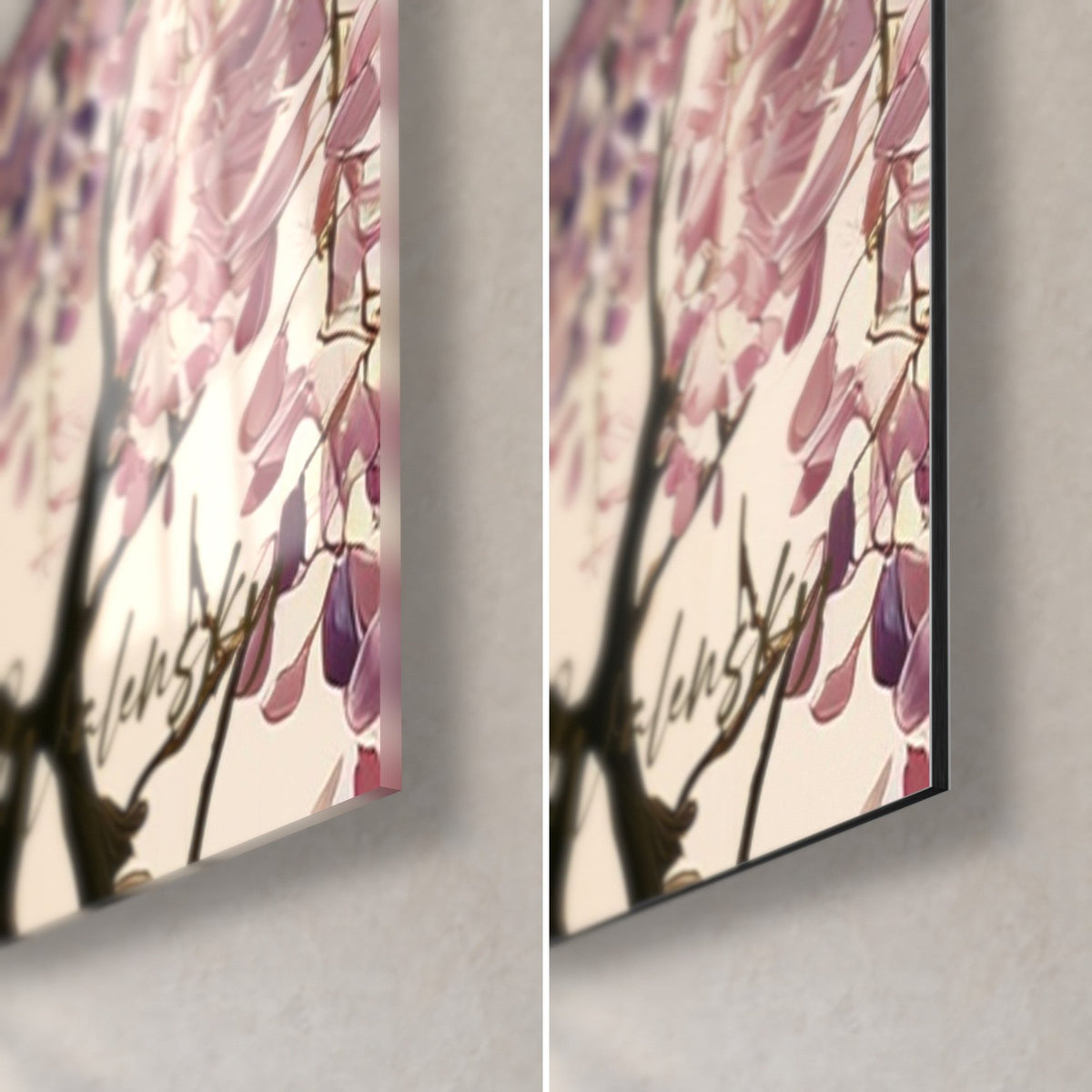 Wall art of pink and violet wisteria clusters, bottom right corner: glossy glass on the left, matte Dibond on the right, 3 mm edge