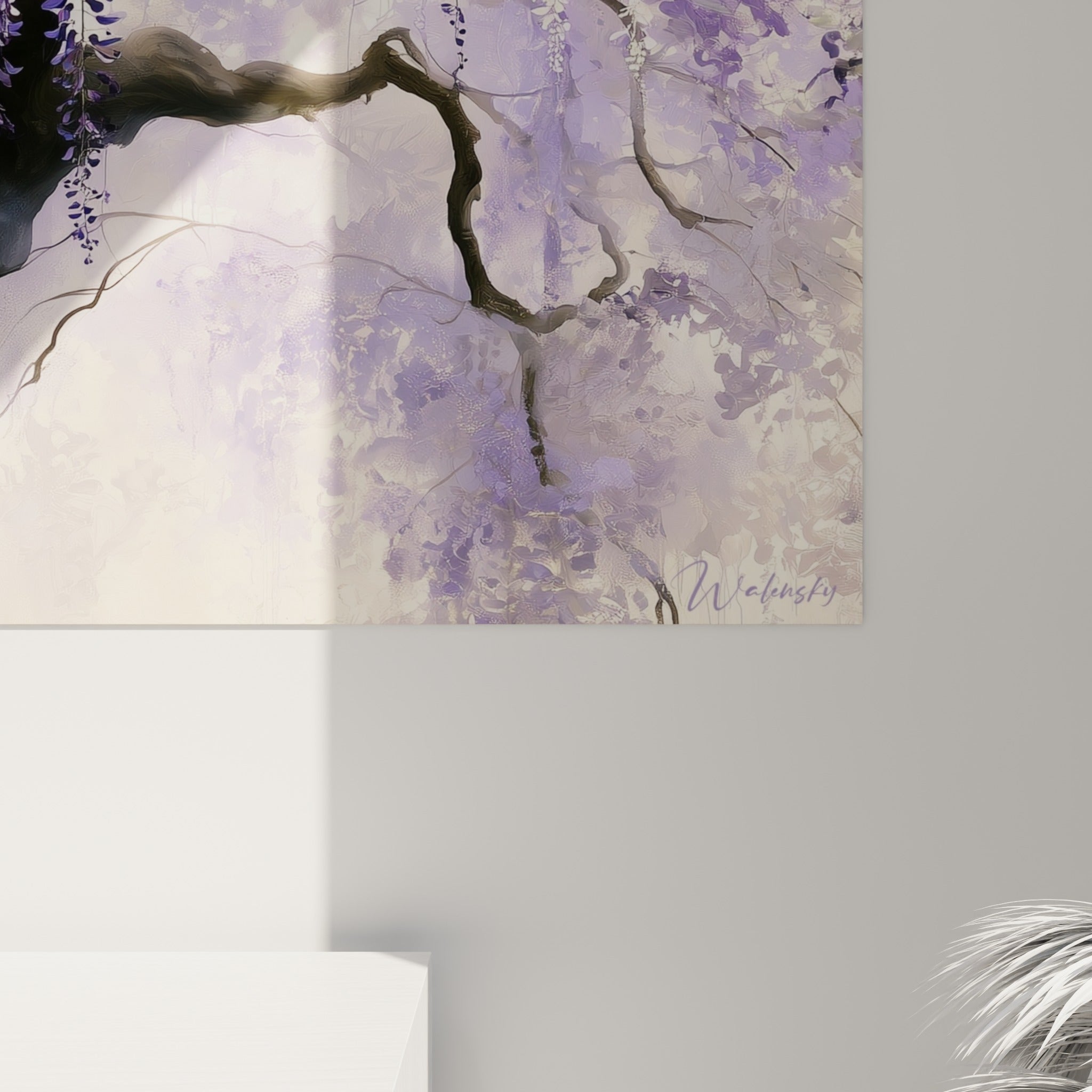 Empâtements violet et blanc de la glycine, grain de peinture visible sur les pétales et le tronc noueux