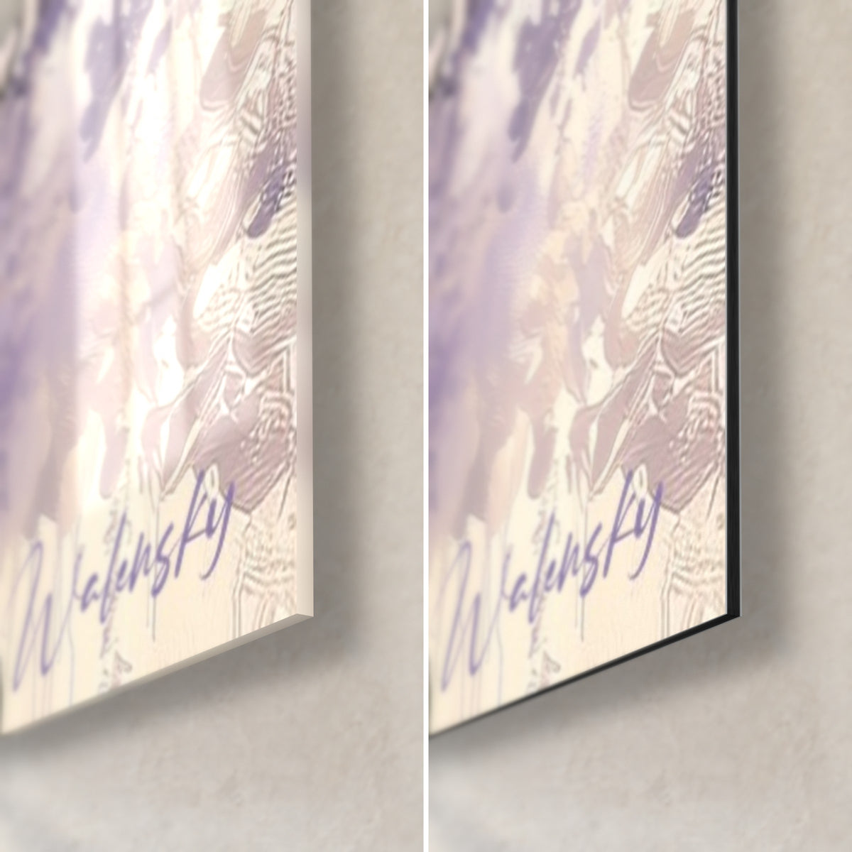 Schilderij knoestige tak en lila blauweregentrossen, rechter onderhoek in glanzend acrylglas links, mat zwart Dibond-aluminium rechts, 3 mm dik