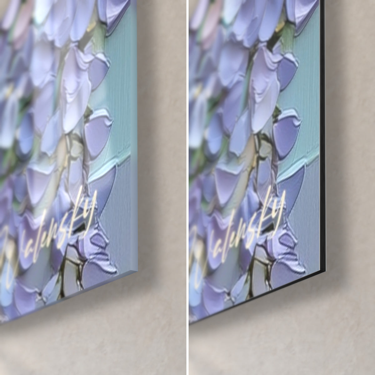 Tableau glycine mauve, coin bas droit : verre acrylique brillant à gauche, alu Dibond mat à droite, tranche de 3 mm visible