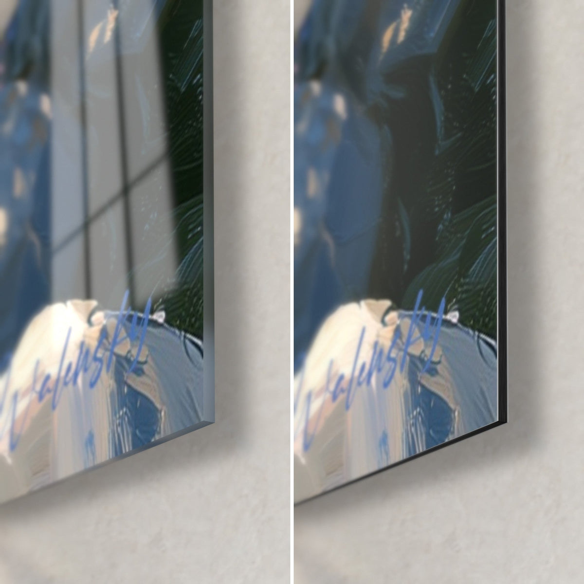 Schilderij blauweregen-kom in blauw en mauve, rechtsonder: glanzend acrylglas dat de kamer weerspiegelt, mat aluminium Dibond, 3 mm dik