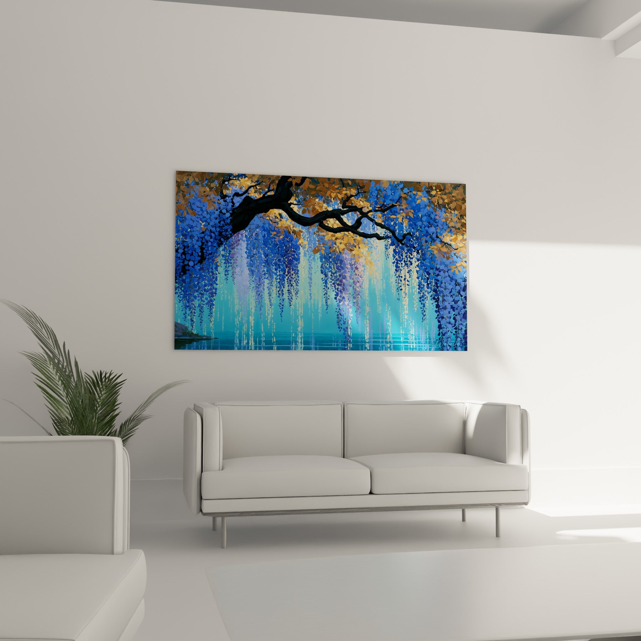 Fleurs de glycine bleu turquoise et dorées retombant au-dessus d'un canapé dans un salon lumineux