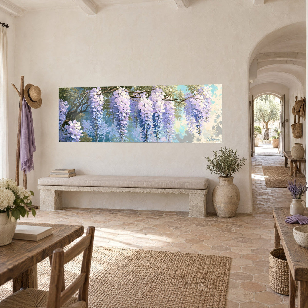 Wall art cascade of purple flowers spilling from a brown branch, turquoise and cream touches, hallway of a Provençal farmhouse