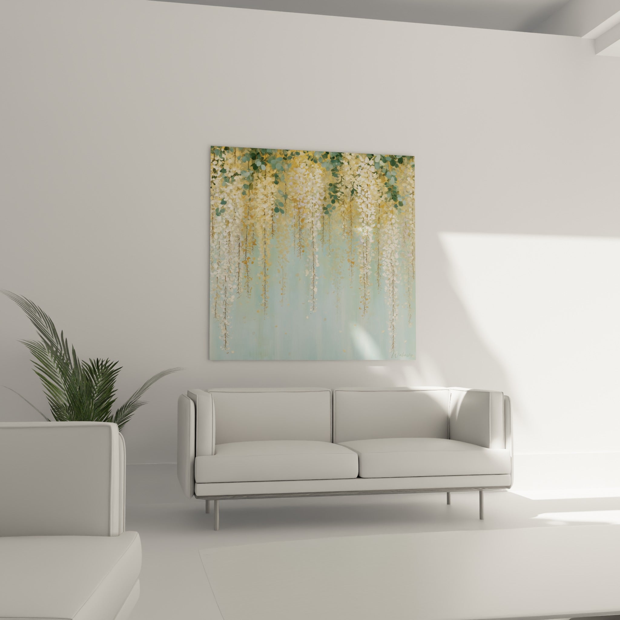Grappes de glycine ocre et turquoise pâle en cascade, au-dessus d'un canapé dans un salon lumineux