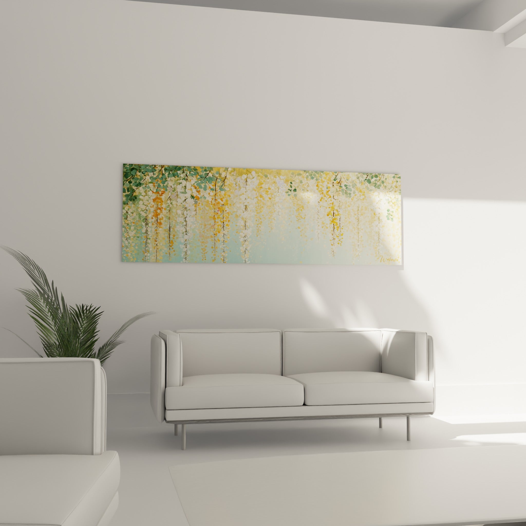 Glycine verte et dorée en cascade florale au-dessus d'un canapé dans un salon lumineux