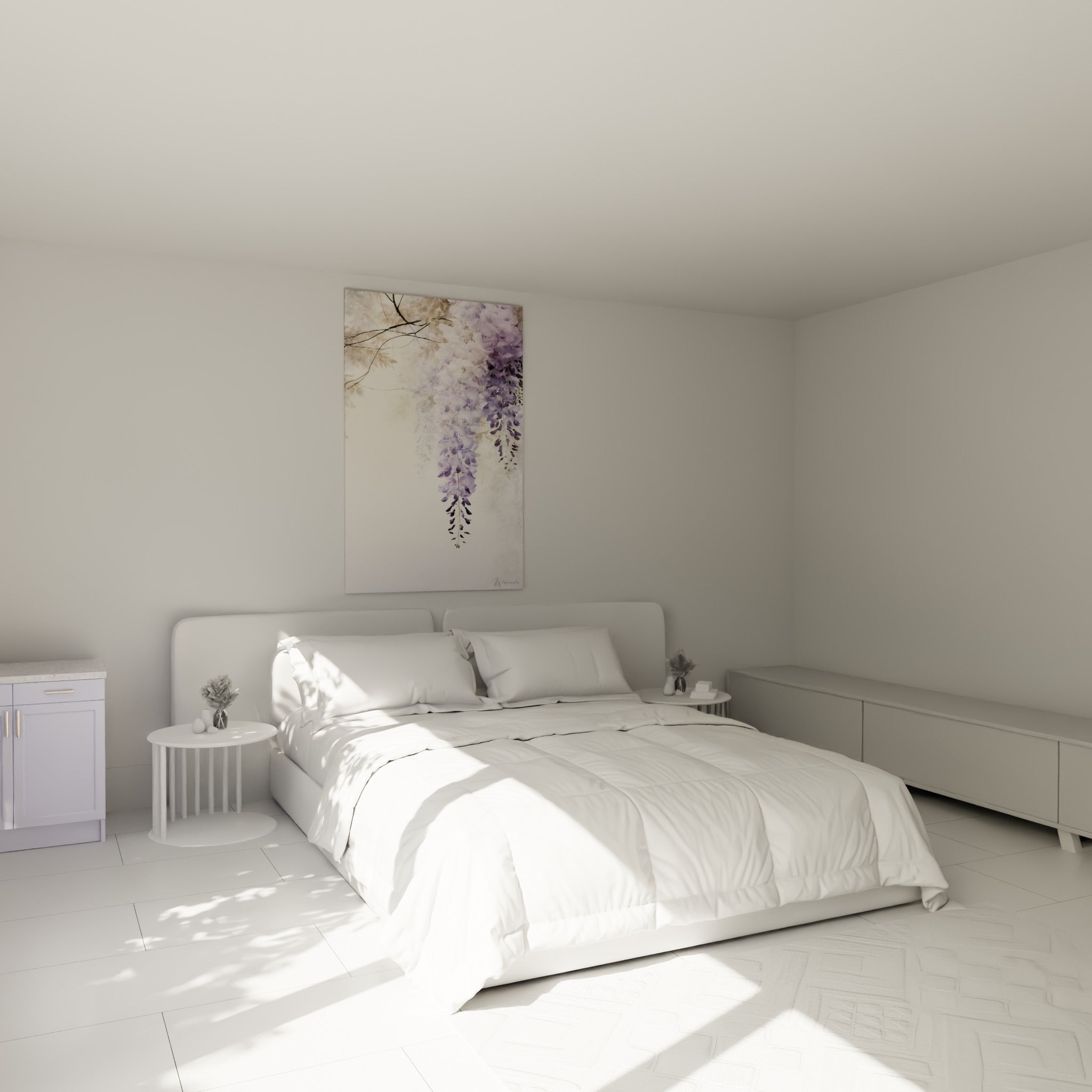 Grappes de glycine mauve et lilas tombantes au-dessus d'un lit dans une chambre claire