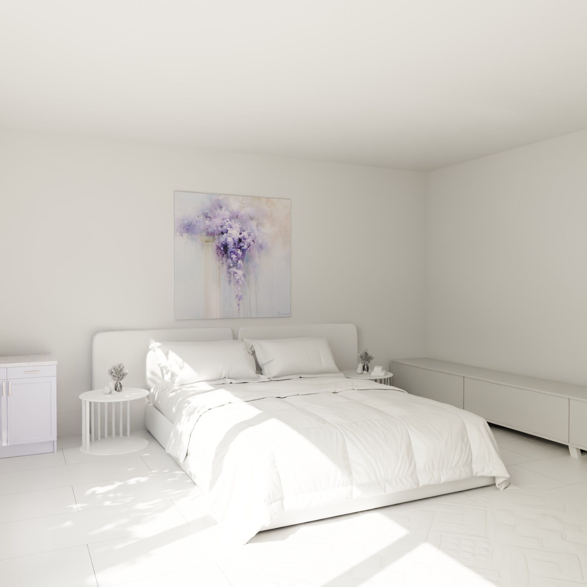 Cascade de glycine violette et blanche peinte au-dessus d'un lit dans une chambre claire