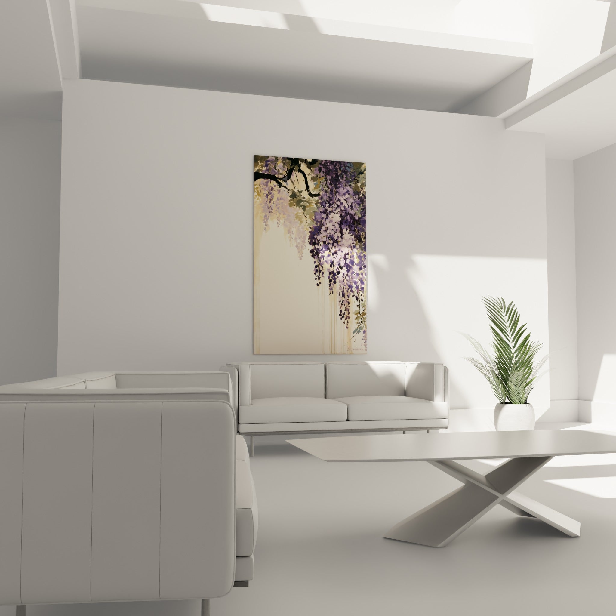 Fleurs de glycine mauve et vert olive en cascade au-dessus d'un canapé dans un salon lumineux