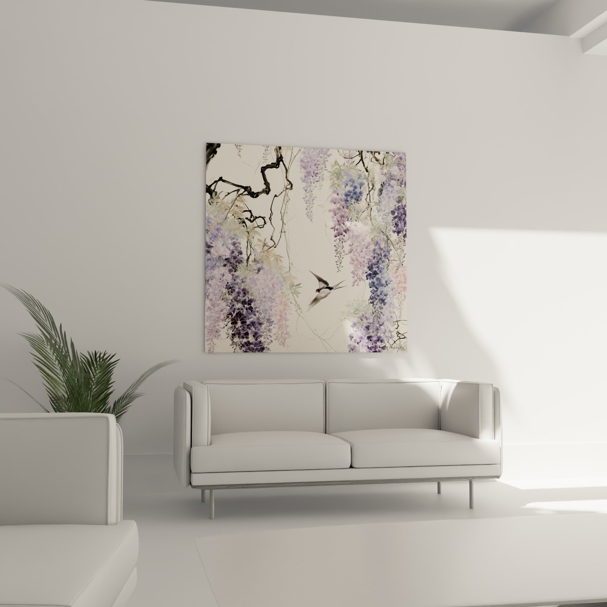 Hirondelle traversant des fleurs violettes et roses au-dessus d'un canapé dans un salon lumineux