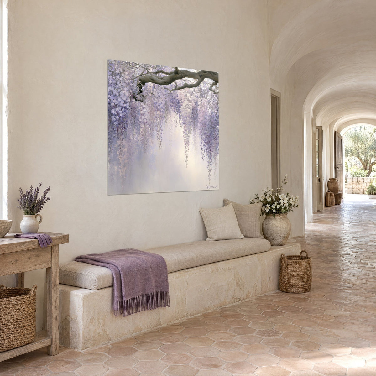 Wall art with a canopy of pale lilac and pink blossoms hanging from a gnarled grey trunk, displayed in an arched corridor of white stone