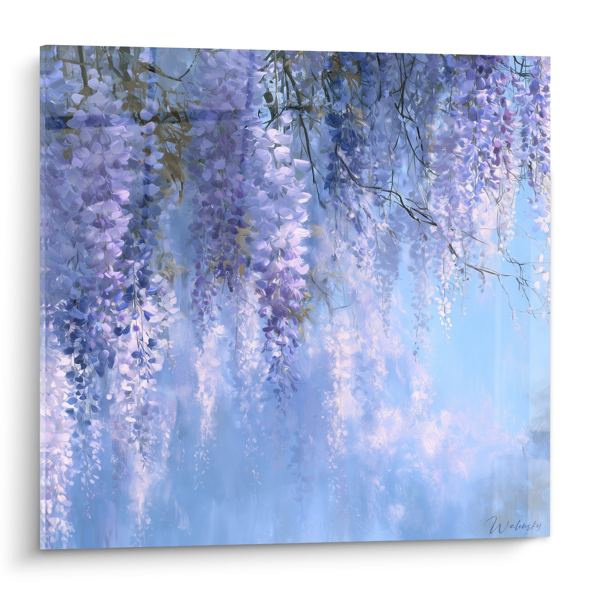 Glycine violette et bleu ciel en grappes tombantes, peinture florale aux touches délicates