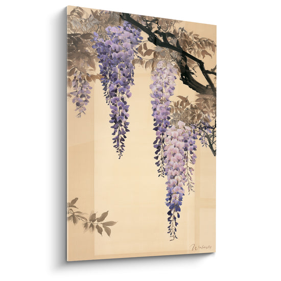 Tableau Grappes violettes et beige sur feuillage sépia - Branche noire noueuse - Edition Glycine