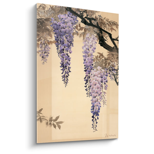 Tableau Grappes violettes et beige sur feuillage sépia - Branche noire noueuse - Edition Glycine