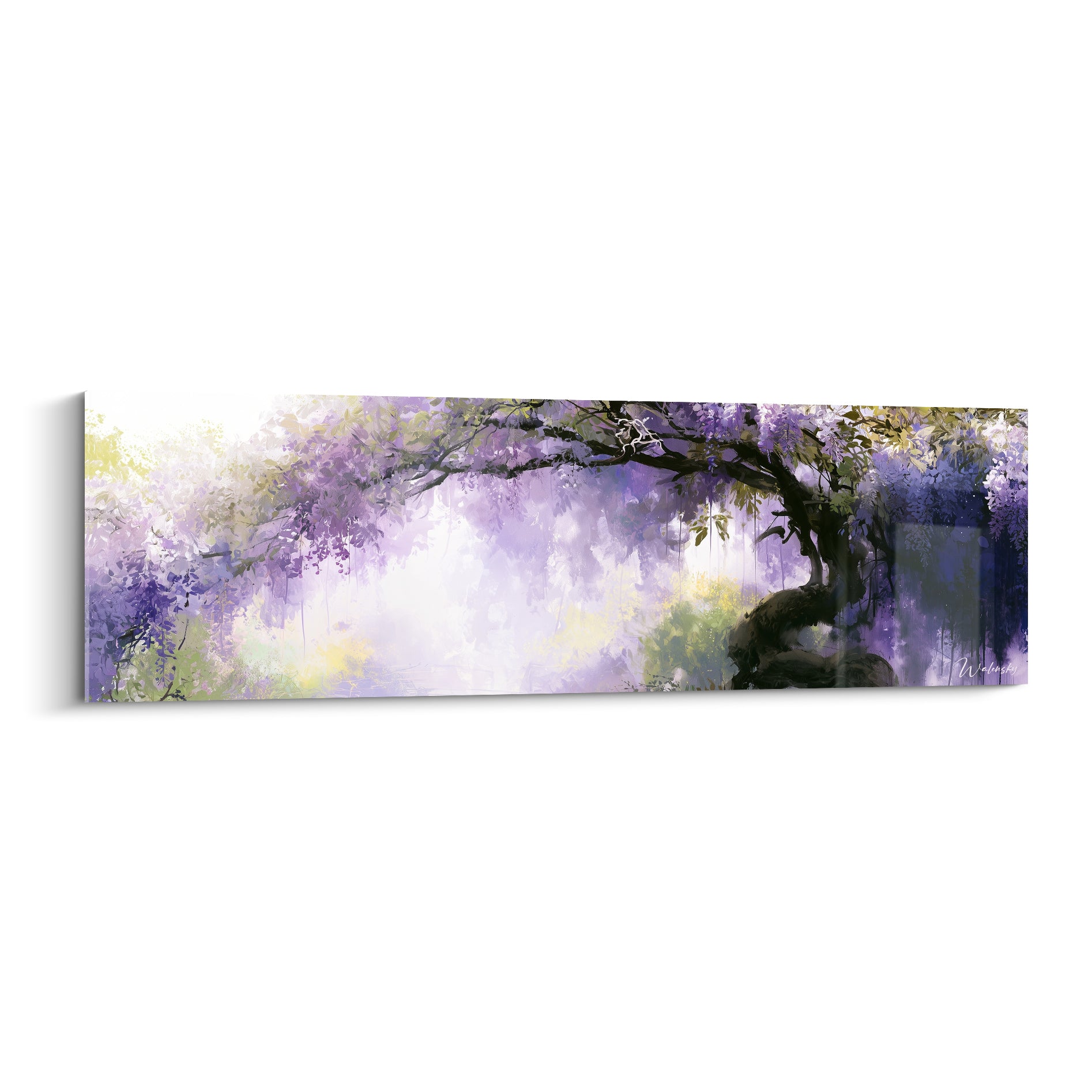 Glycine violette et verte en cascade sur toile panoramique, brume laiteuse au centre