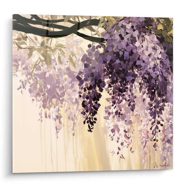 Tableau Grappes violettes et mauves aux coulures verticales - Branches sinueuses entrelacées - Edition Glycine