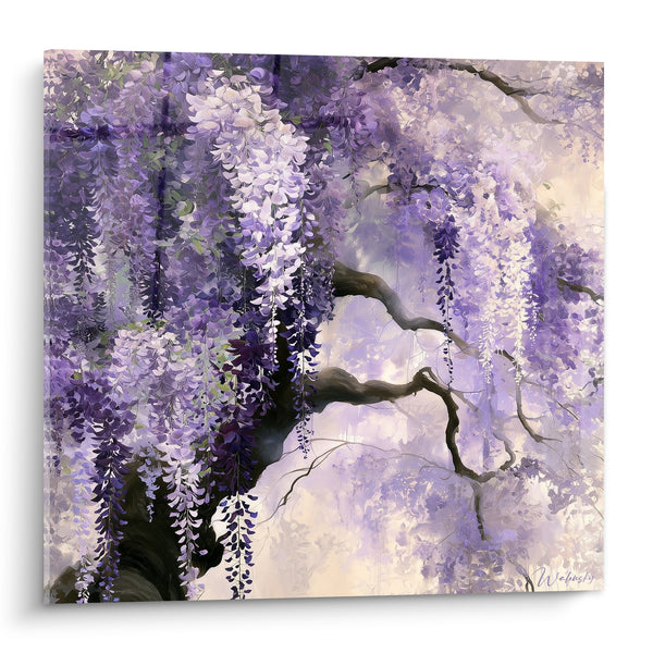 Tableau Branches sombres aux grappes violettes et ivoire - Écorce noueuse ramifiée - Edition Glycine