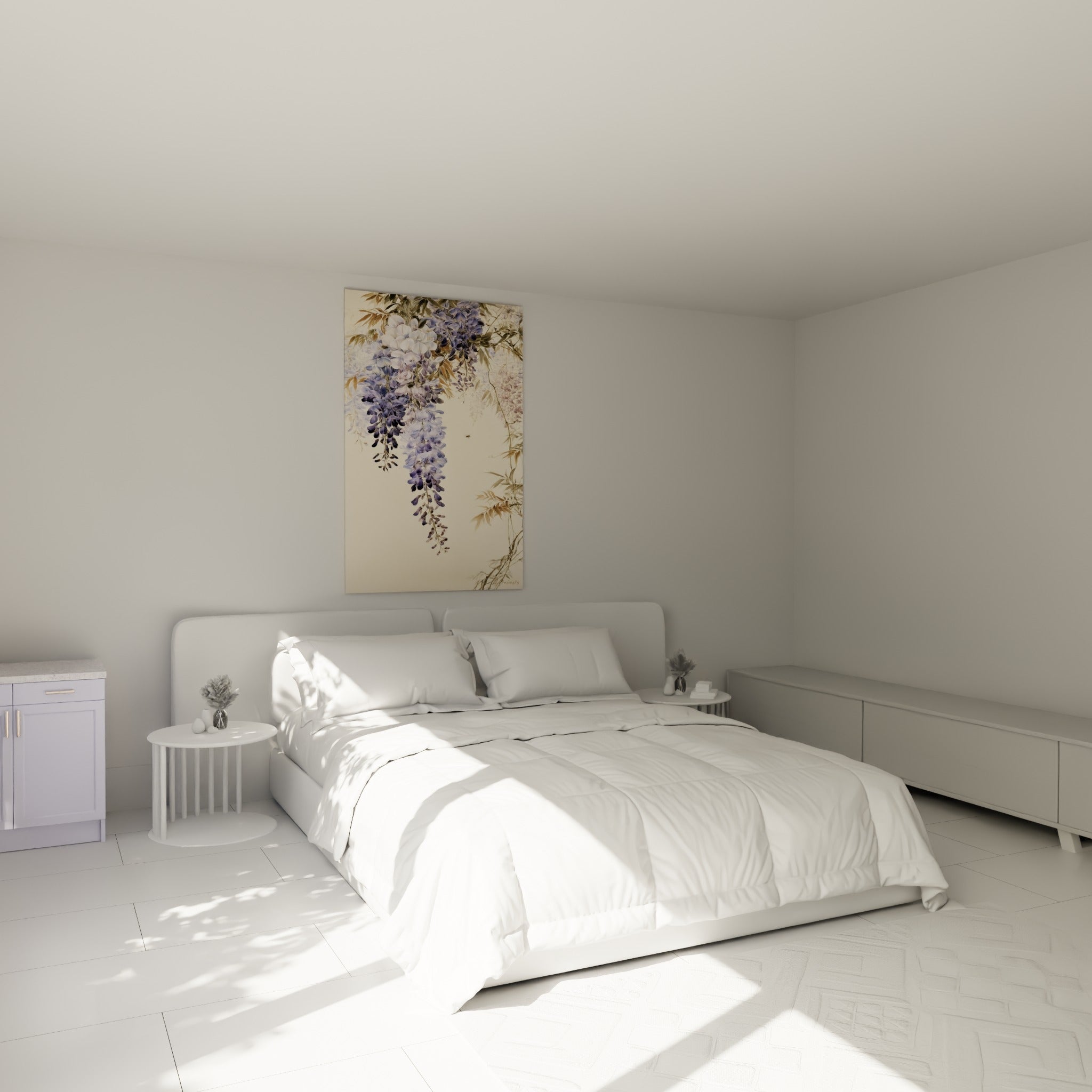 Fleurs de glycine violette et lilas suspendues au-dessus d'un lit dans une chambre claire