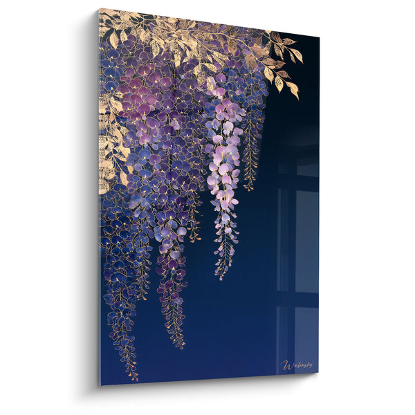 Tableau Grappes violettes et dorées sur fond bleu nuit profond - Feuilles ciselées métalliques - Edition Glycine