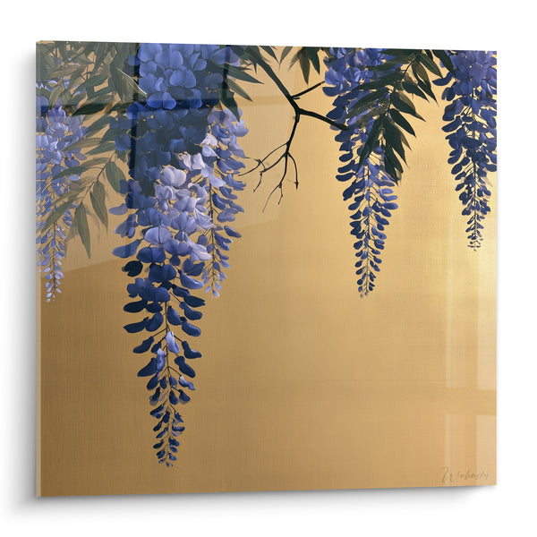 Tableau Grappes bleu indigo et fond doré uni - Branche fine dénudée - Edition Glycine