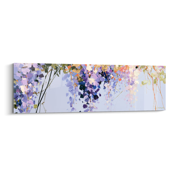 Tableau Grappes violettes et pêche sur ciel pâle - Touches de peinture éclatées - Edition Glycine